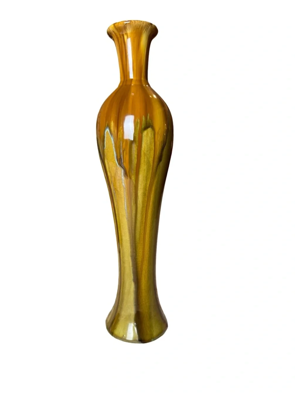 MCM style Tall Drip-Glaze Ceramic 18” Vase in Amber and Olive